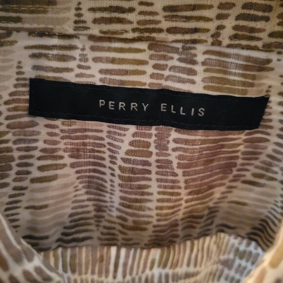 PERRY ELLIS Short Sleeve Wave Linen Blend Button Down Shirt Size XL Brown - Picture 4 of 9